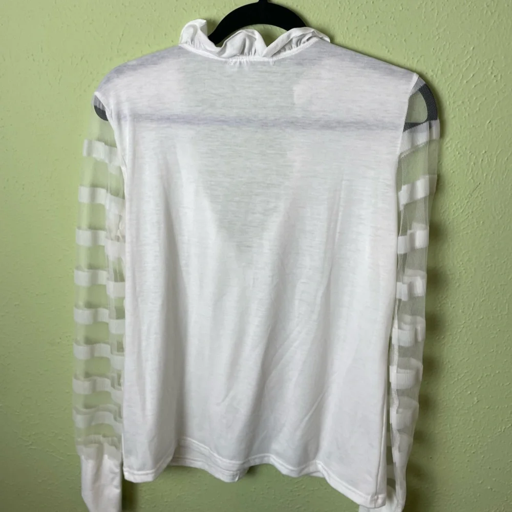 Misslook White Ruffle Top with Sheer Striped Long Sleeves - Picture 3 of 5